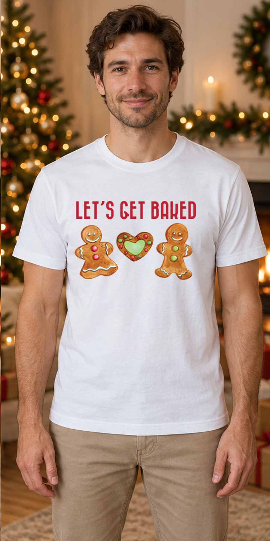 Tricou de Crăciun Let’s Get Baked - Alb - model masculin unisex, alb curat fără Heather (mockup)