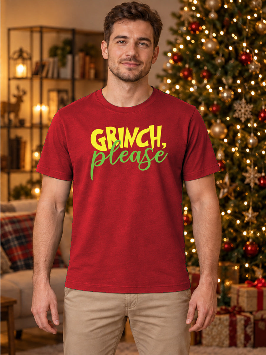 Tricou de Crăciun Grinch Please - Roșu - tricou unisex pe model masculin, decor de Crăciun (mockup V3)