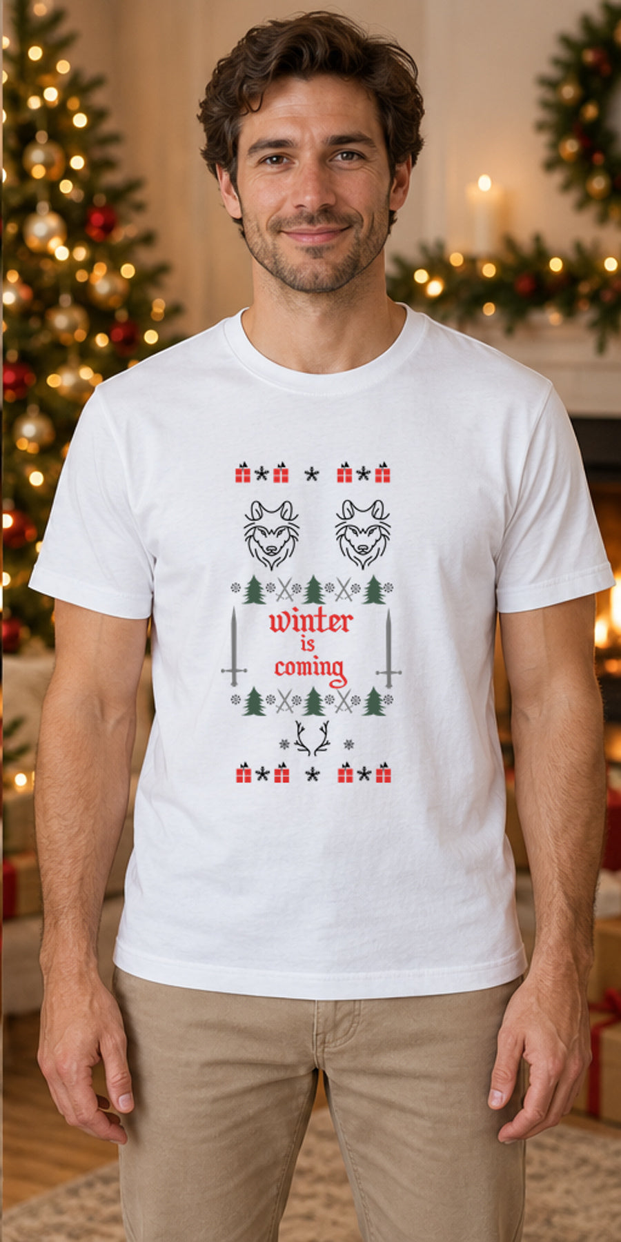 Tricou de Crăciun Winter Is Coming - Alb - model masculin unisex, alb curat fără Heather (mockup)