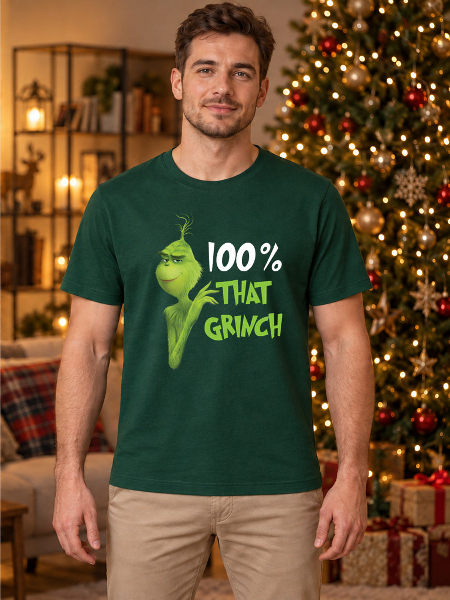 Tricou de Crăciun 100% That Grinch - Bottle Green - tricou unisex pe model masculin, decor de Crăciun (mockup V3)