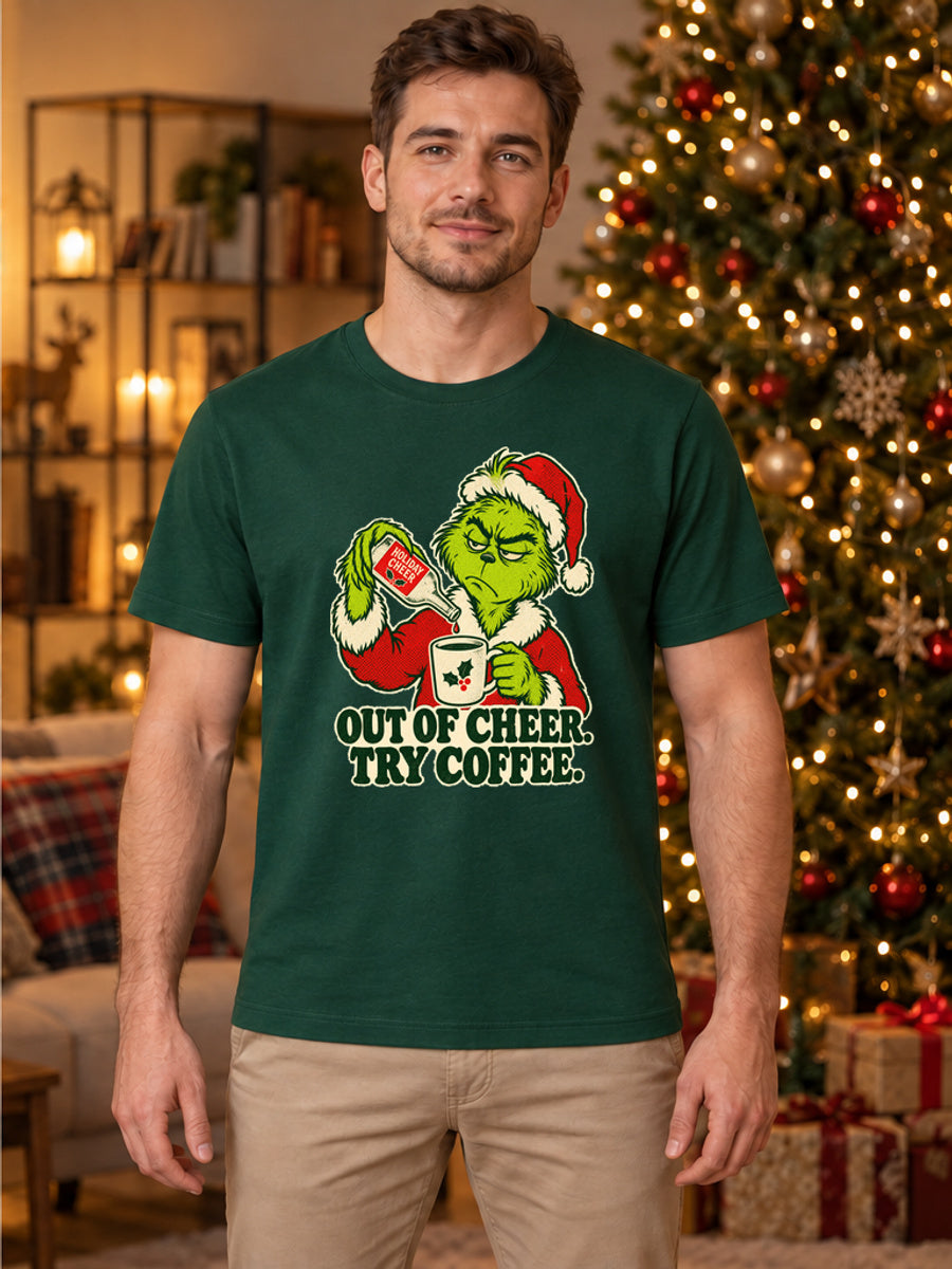 Tricou de Crăciun Grinch Out Of Cheer - Bottle Green - tricou unisex pe model masculin (mockup)