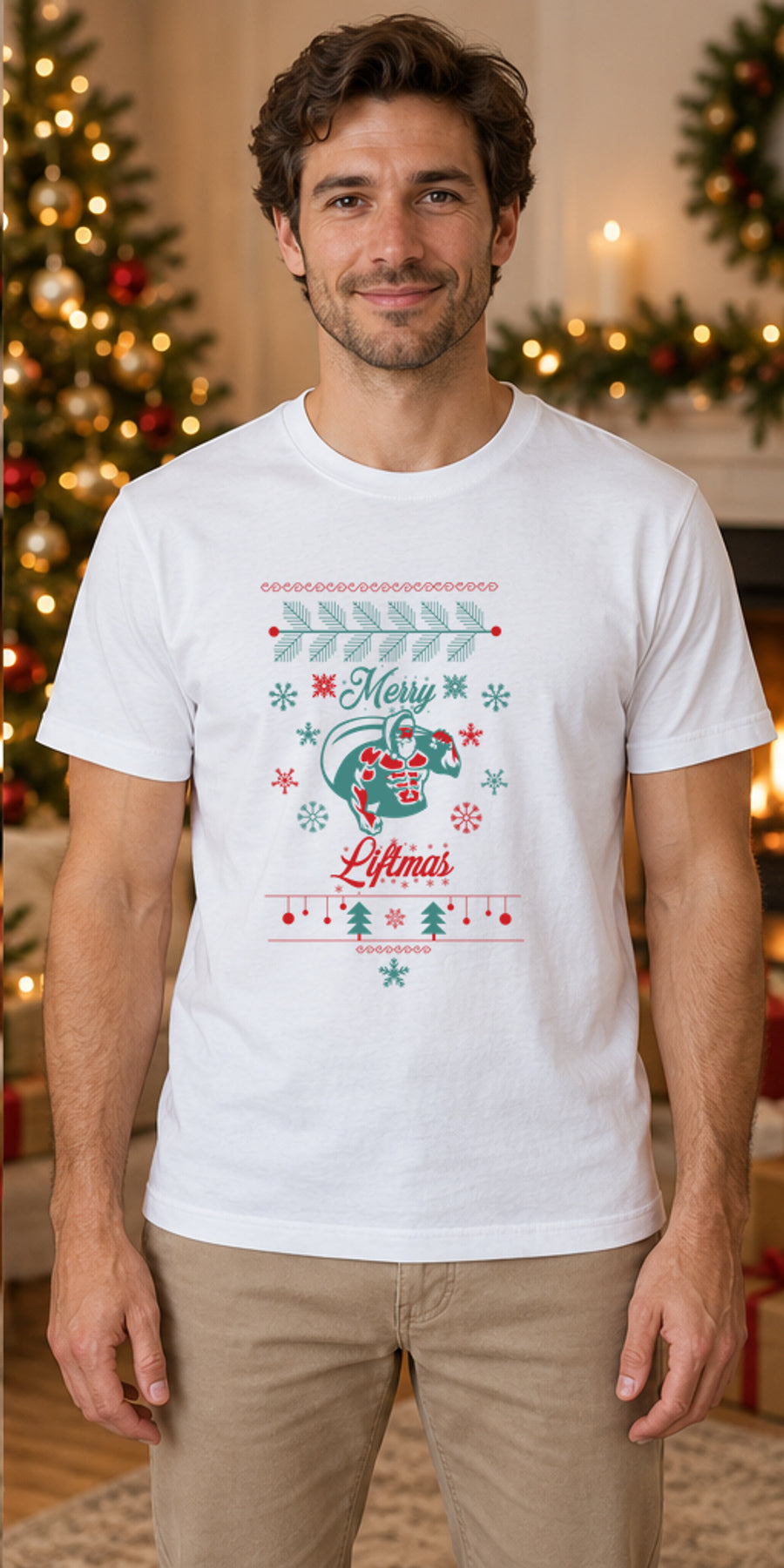Tricou de Crăciun Merry Liftmas Santa - Alb - model masculin unisex, alb curat fără Heather (mockup)