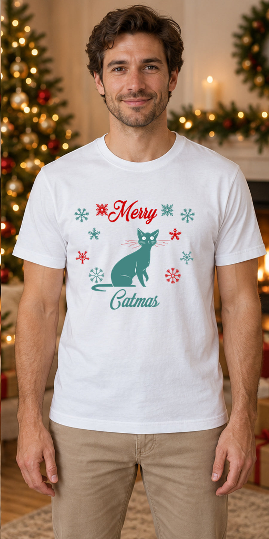 Tricou de Crăciun Merry Catmas - Alb - model masculin unisex, alb curat fără Heather (mockup)