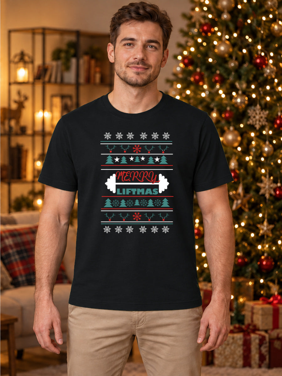Tricou de Crăciun Merry Liftmas Halteră - Negru - tricou unisex pe model masculin, decor de Crăciun (mockup V3)