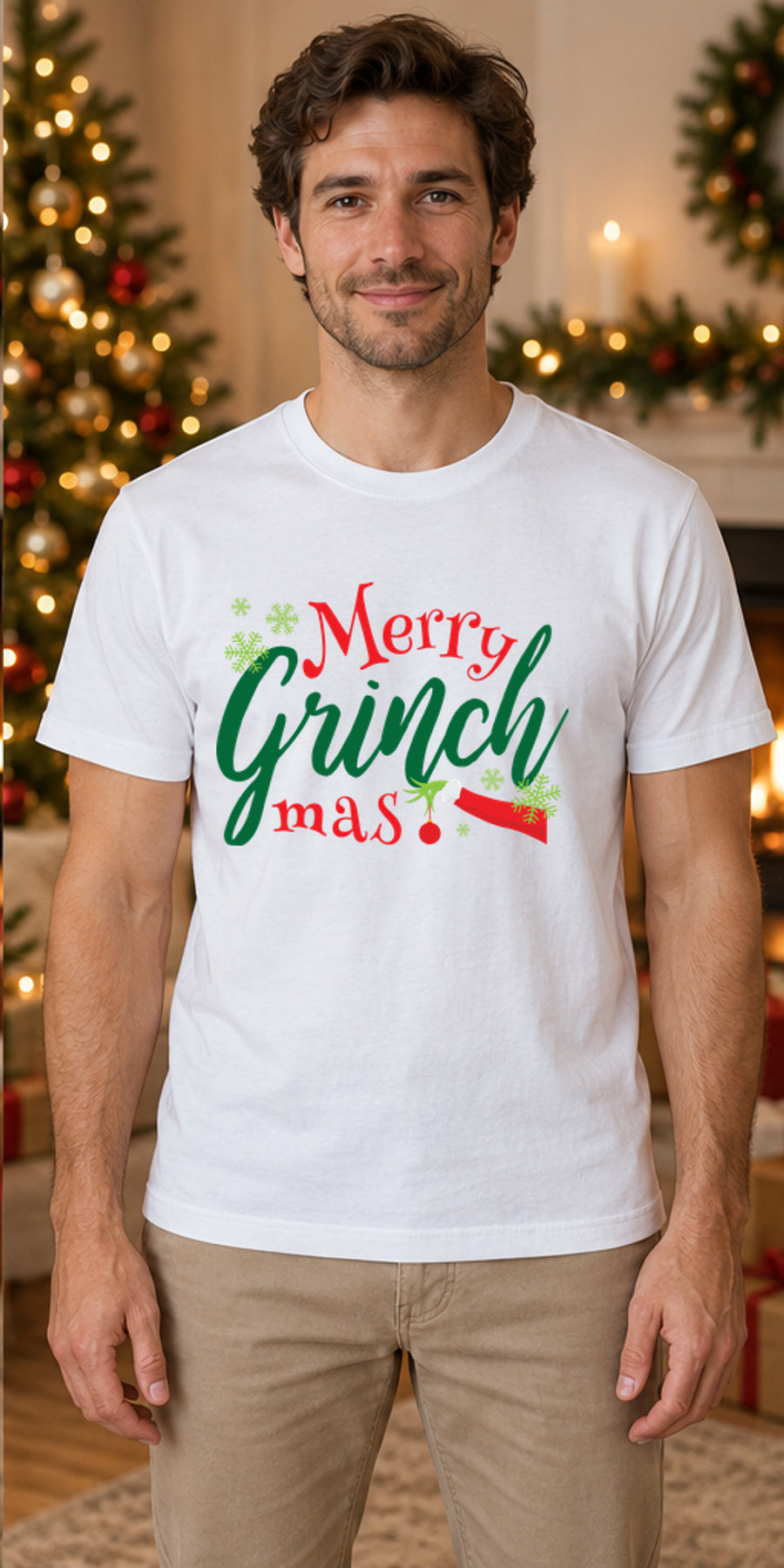 Tricou de Crăciun Merry Grinchmas - Alb - model masculin unisex, alb curat fără Heather (mockup)
