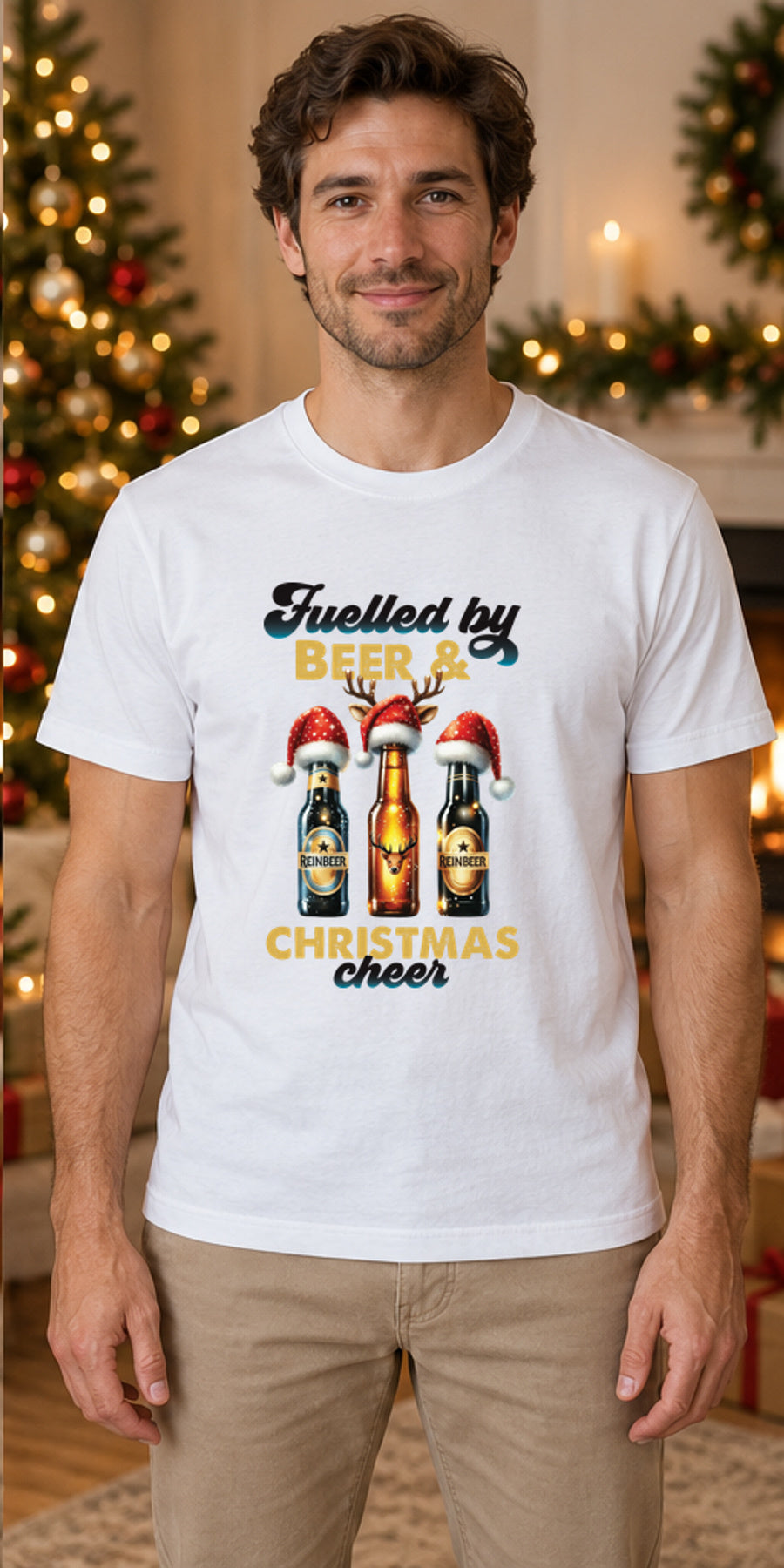 Tricou de Crăciun Christmas Fuel - Alb - tricou unisex pe model masculin (mockup)