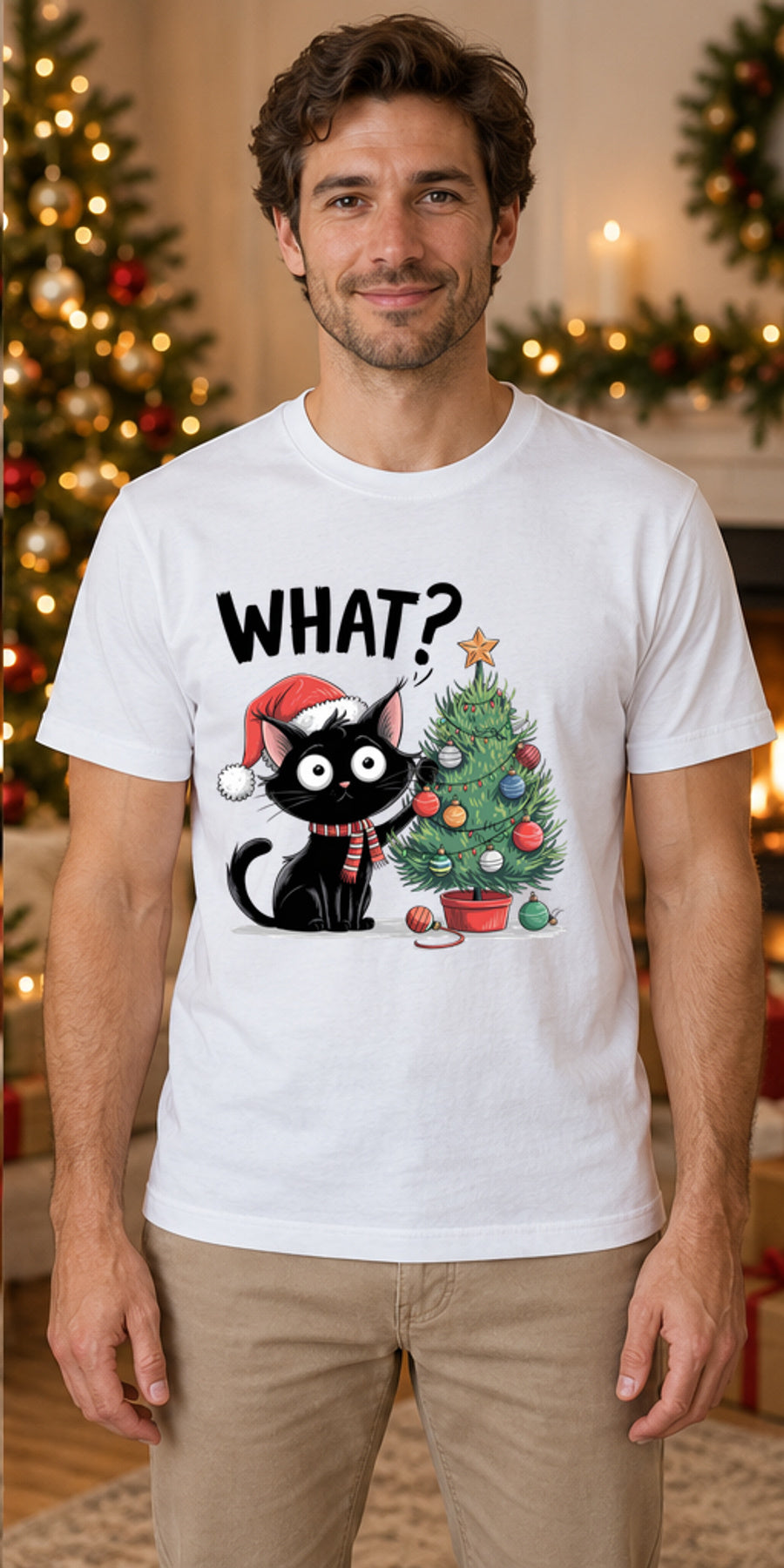 Tricou de Crăciun What Cat Tree - Alb - tricou unisex pe model masculin (mockup)