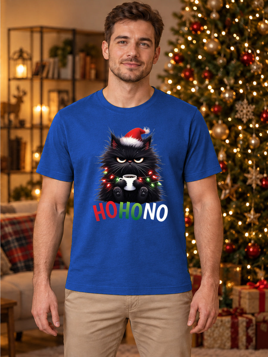 Tricou de Crăciun Ho Ho Cat - Albastru - tricou unisex pe model masculin (mockup)