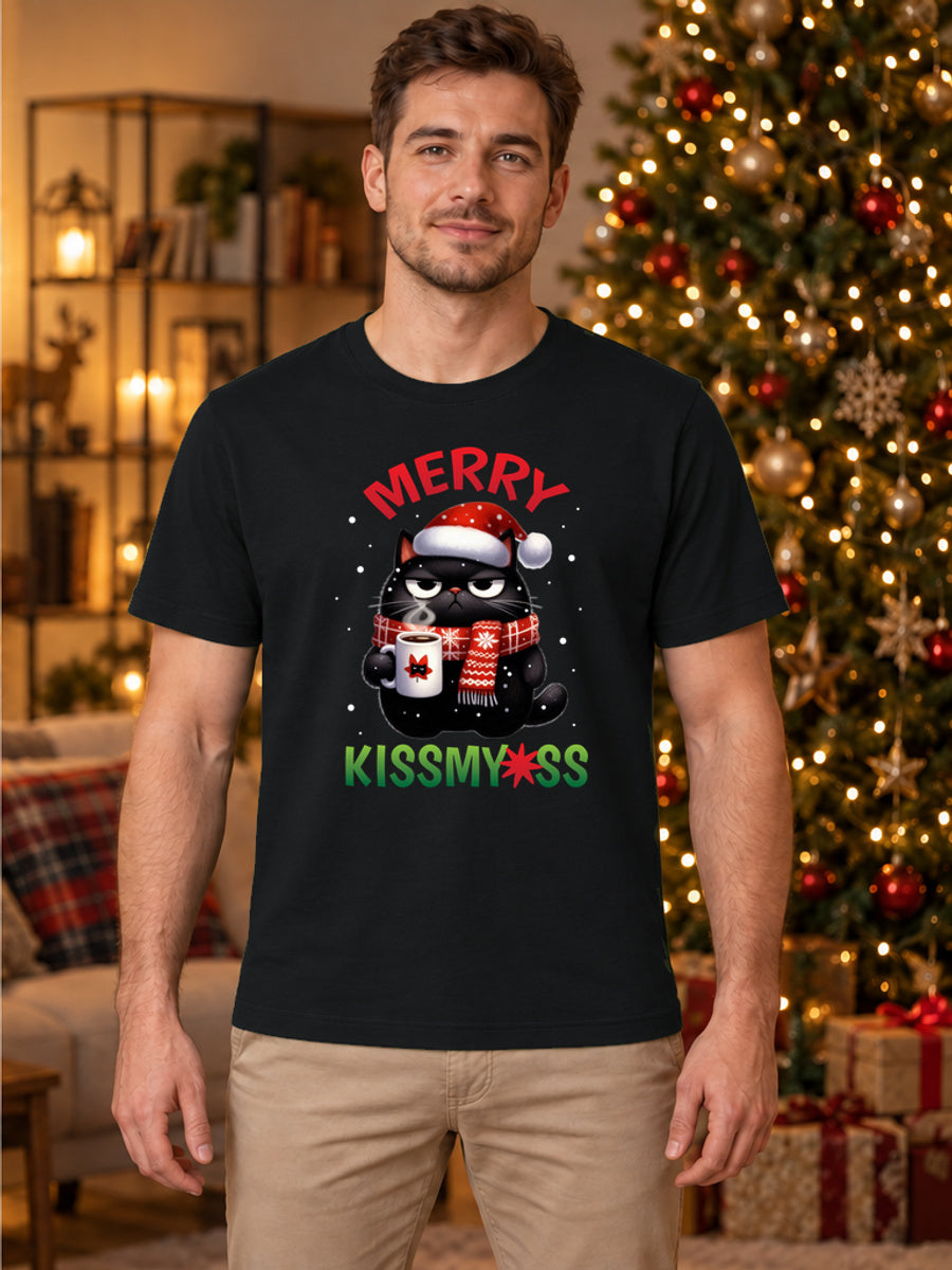 Tricou de Crăciun Merry Kiss - Negru - tricou unisex pe model masculin (mockup)