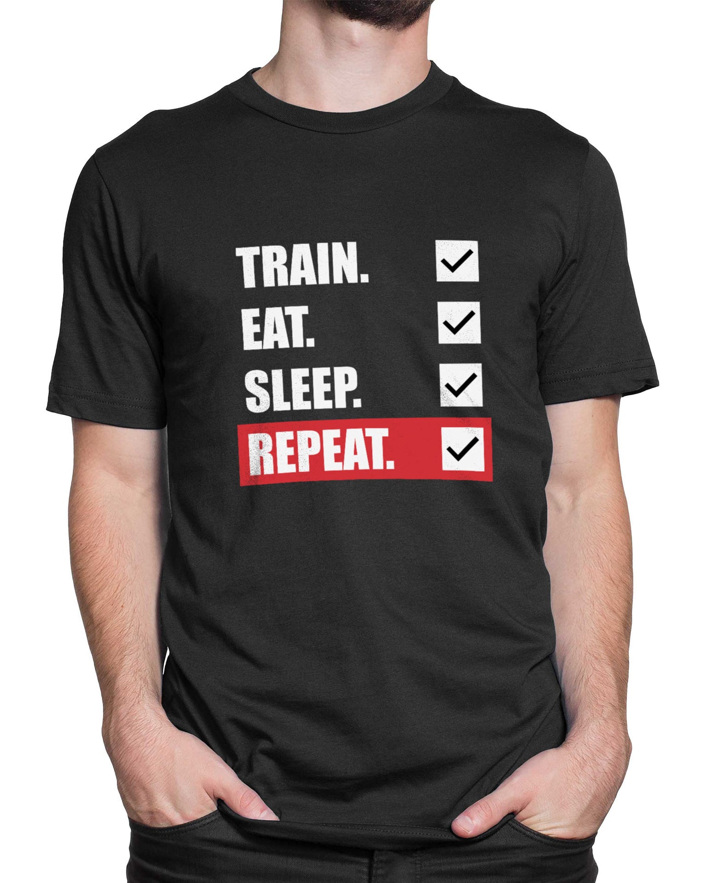 Tricou Funny Gym Train Eat Sleep Repeat - Negru - tricou cu mesaj