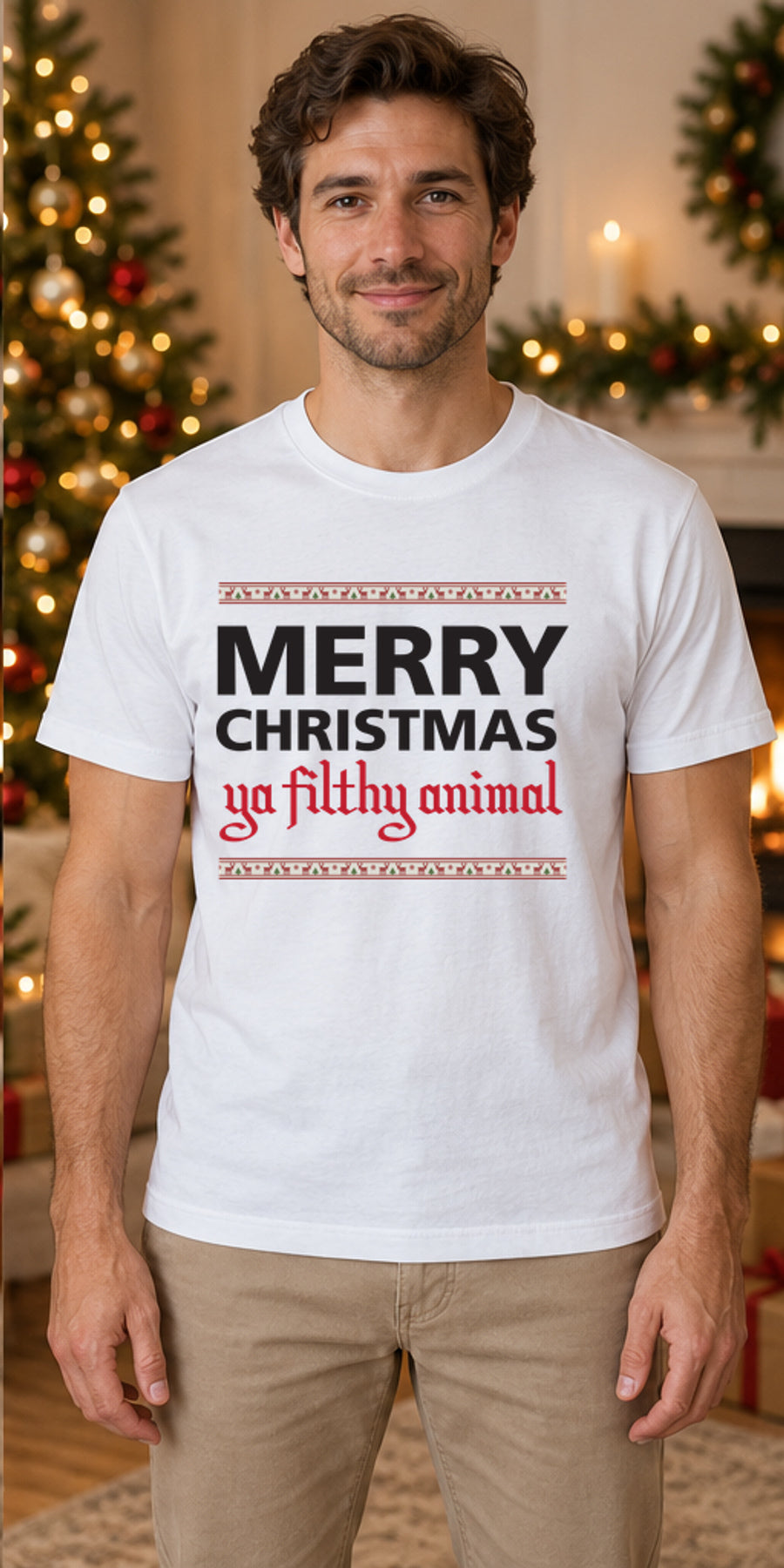 Tricou de Crăciun Merry Christmas Ya Filthy Animal - Alb - model masculin unisex, alb curat fără Heather (mockup)