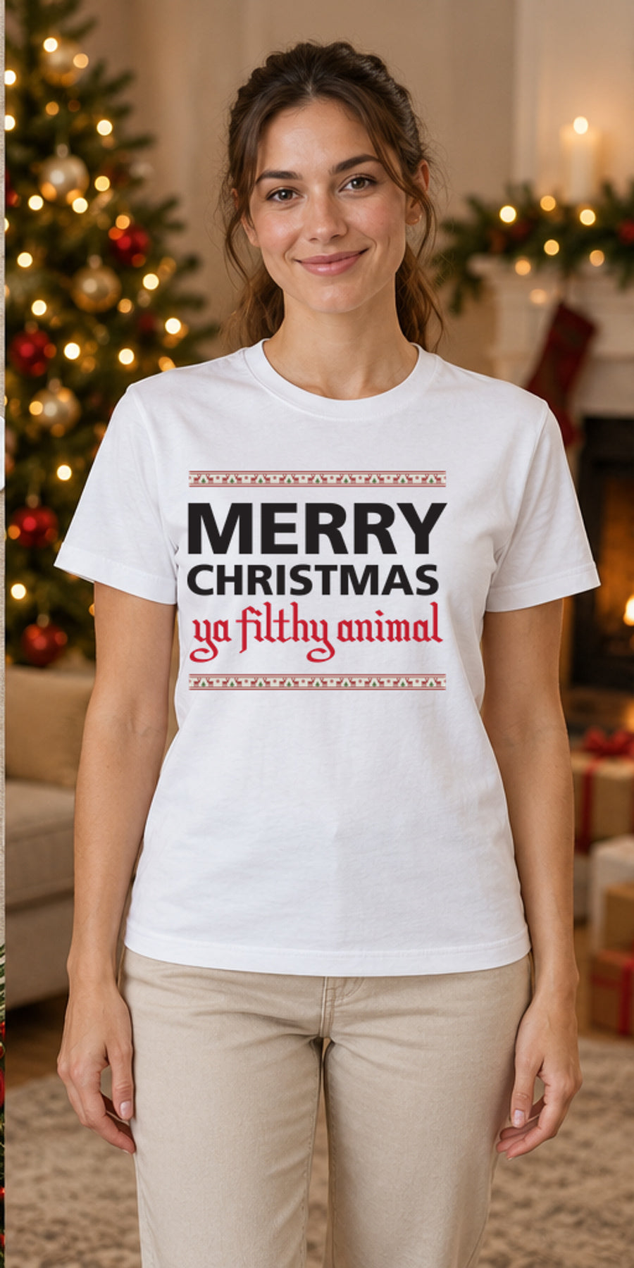 Tricou de Crăciun Merry Christmas Ya Filthy Animal - Alb - model feminin unisex, alb curat fără Heather (mockup)