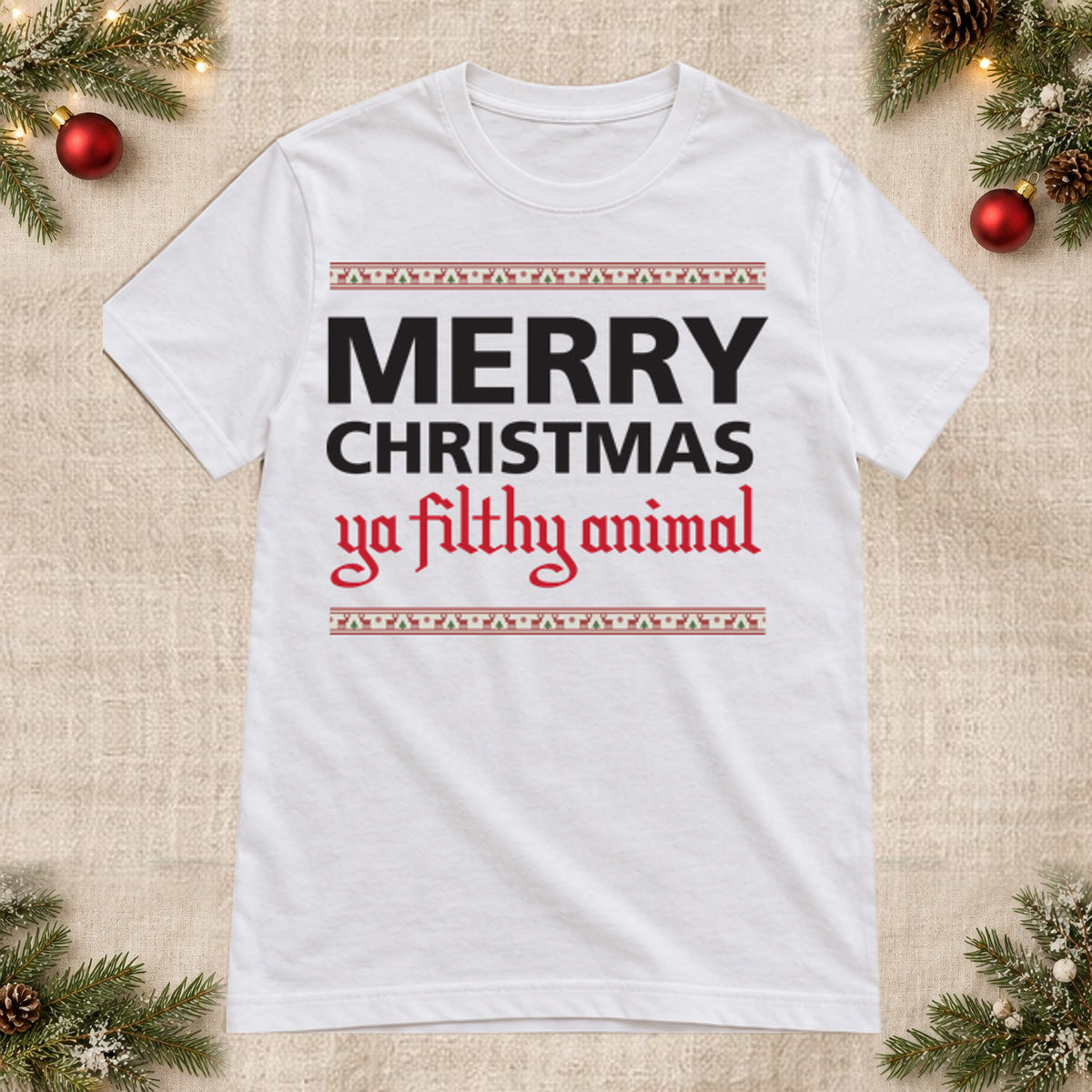 Tricou de Crăciun Merry Christmas Ya Filthy Animal - Alb - imagine principală, alb curat fără Heather (mockup)