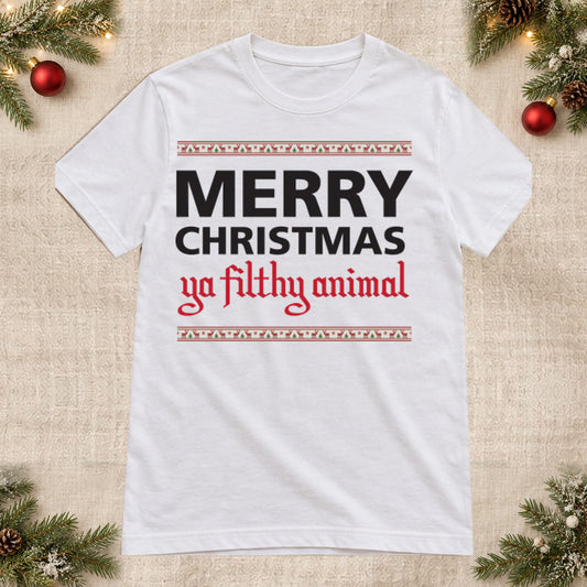 Tricou de Crăciun Merry Christmas Ya Filthy Animal - Alb - imagine principală, alb curat fără Heather (mockup)