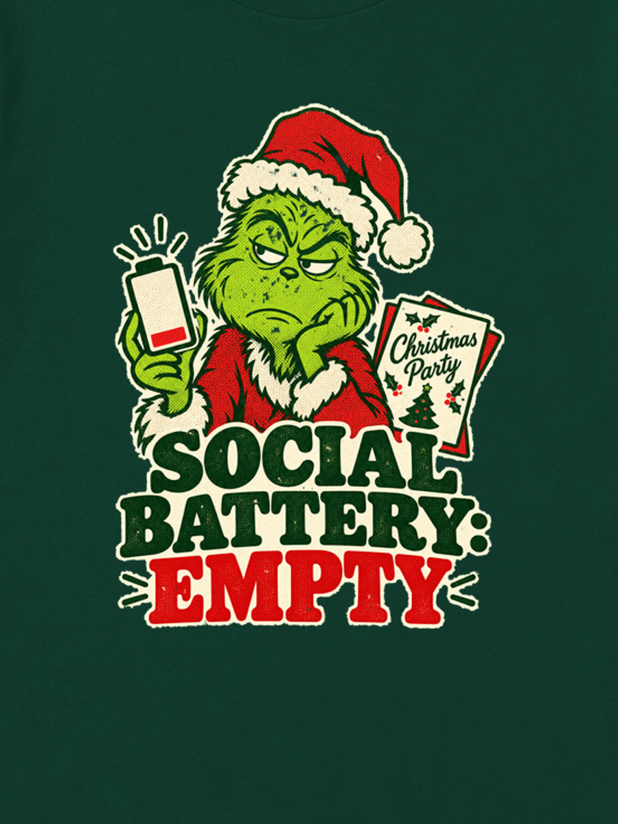 Tricou de Crăciun Grinch Social Battery - Bottle Green - detaliu grafică (mockup)