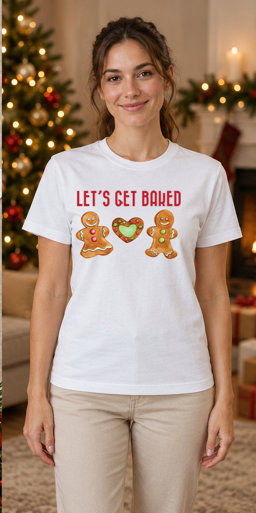 Tricou de Crăciun Let’s Get Baked - Alb - model feminin unisex, alb curat fără Heather (mockup)