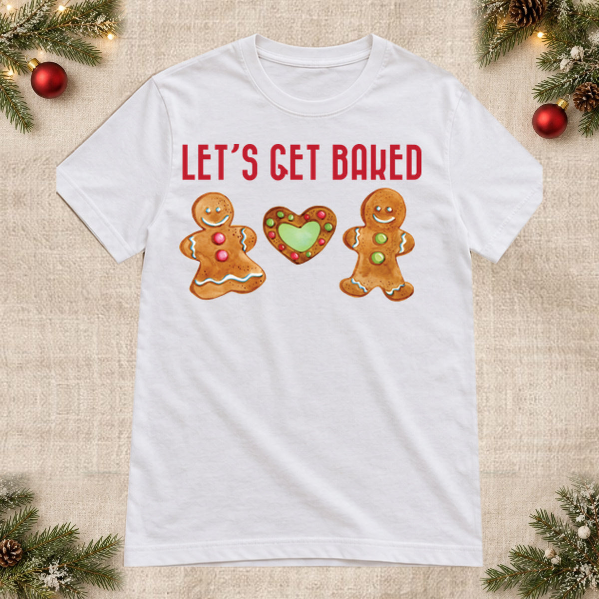Tricou de Crăciun Let’s Get Baked - Alb - imagine principală, alb curat fără Heather (mockup)
