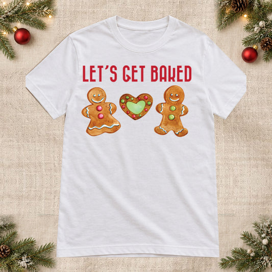 Tricou de Crăciun Let’s Get Baked - Alb - imagine principală, alb curat fără Heather (mockup)