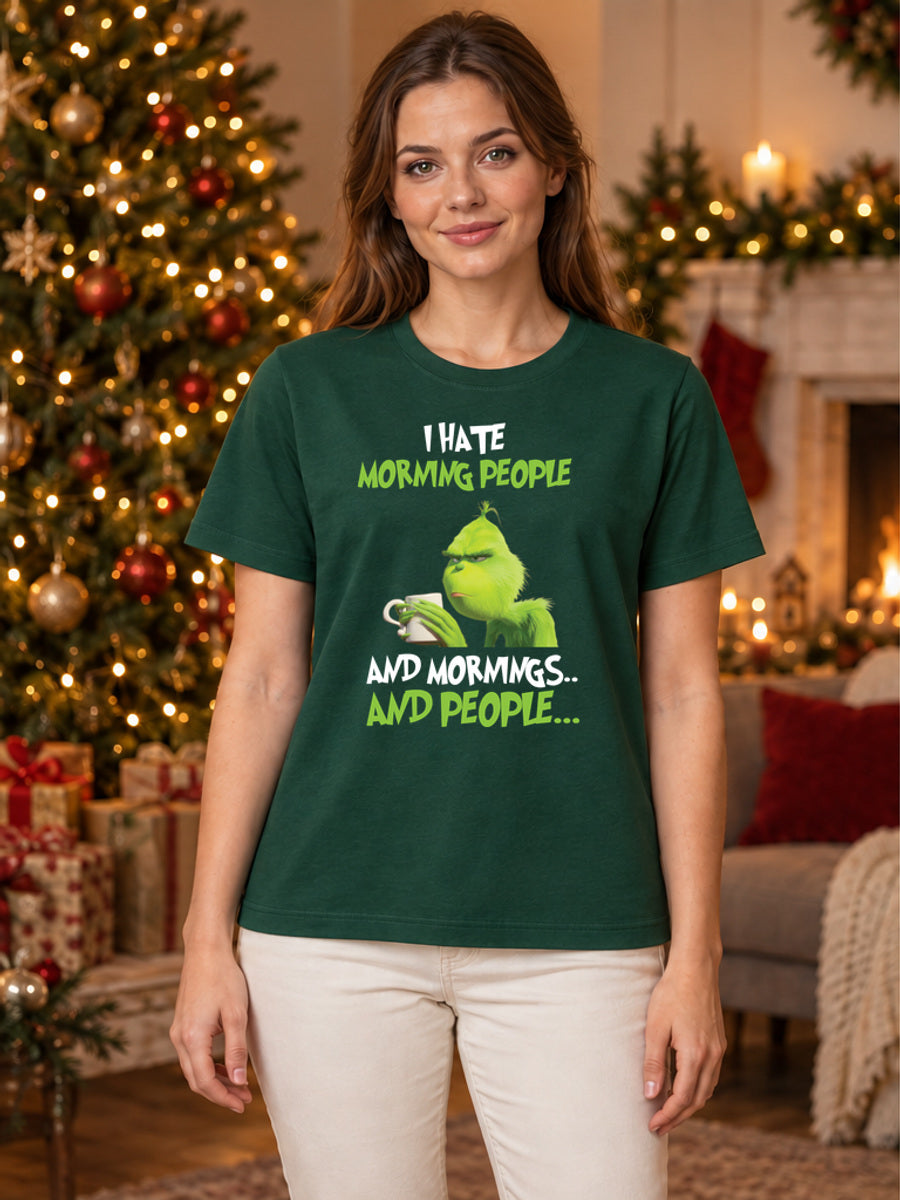 Tricou de Crăciun I Hate Morning People - Bottle Green - tricou unisex pe model feminin, decor de Crăciun (mockup V3)