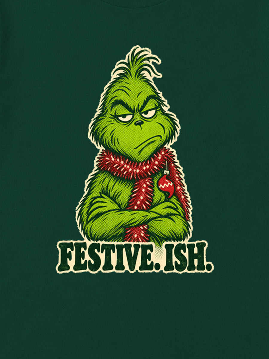 Tricou de Crăciun Grinch Festive Ish - Bottle Green - detaliu grafică (mockup)