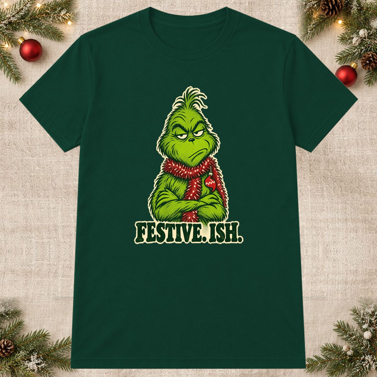 Tricou de Crăciun Grinch Festive Ish - Bottle Green - imagine principală pătrată (mockup)