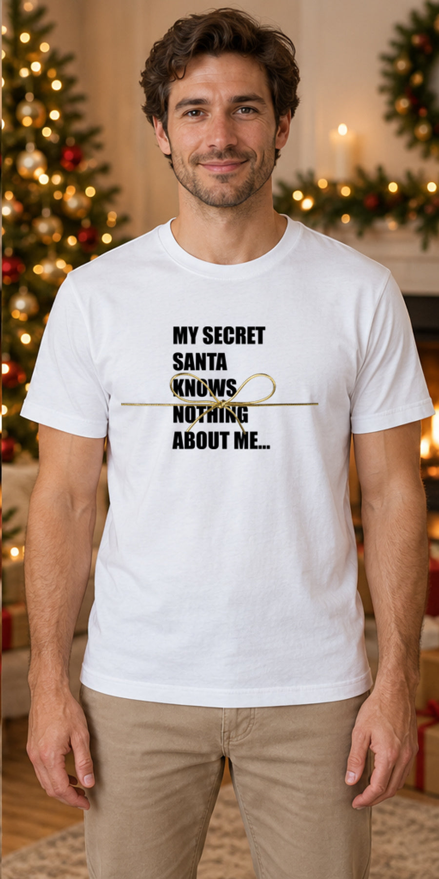 Tricou de Crăciun My Secret Santa Knows Nothing - Alb - model masculin unisex, alb curat fără Heather (mockup)