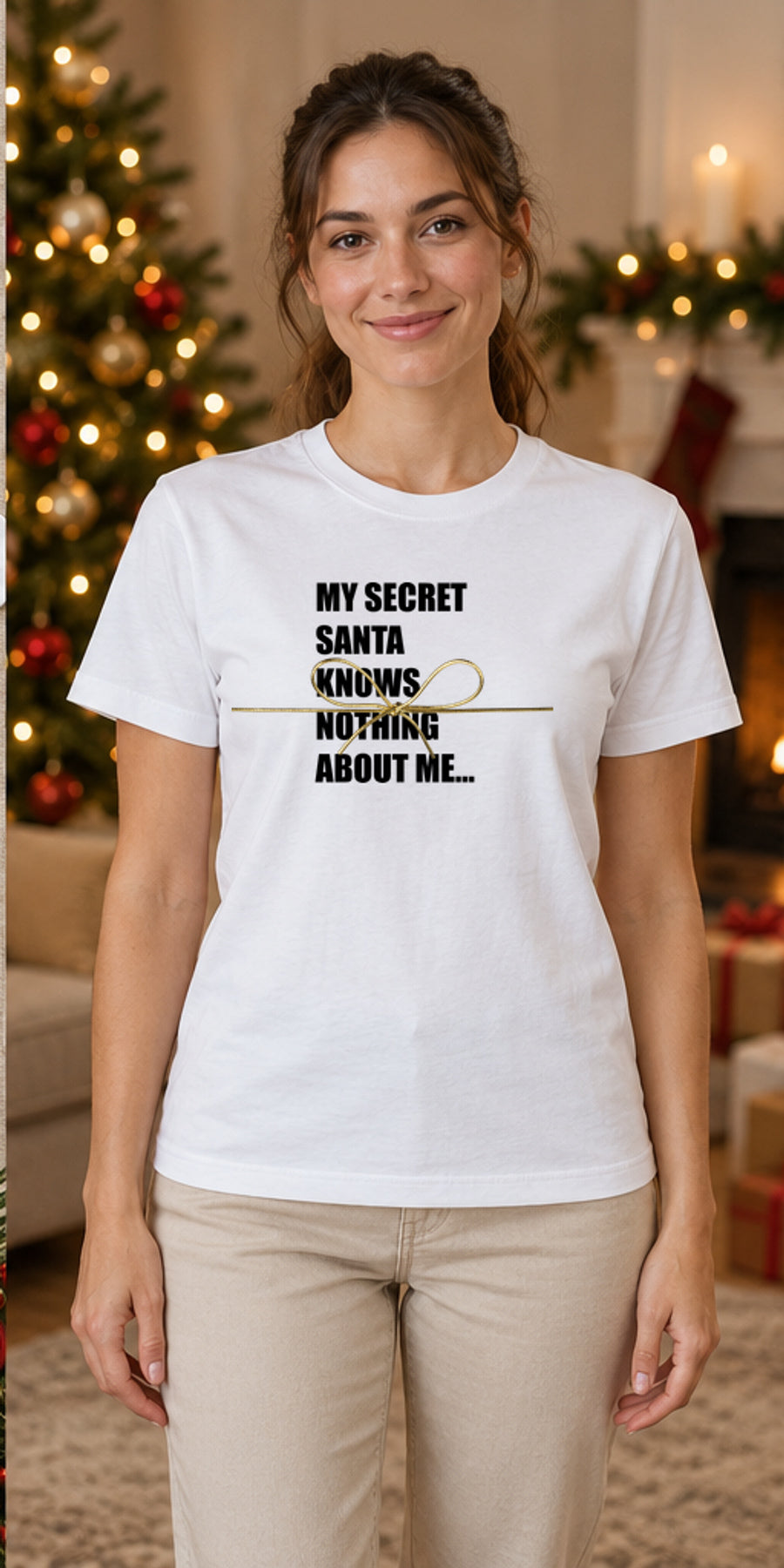 Tricou de Crăciun My Secret Santa Knows Nothing - Alb - model feminin unisex, alb curat fără Heather (mockup)