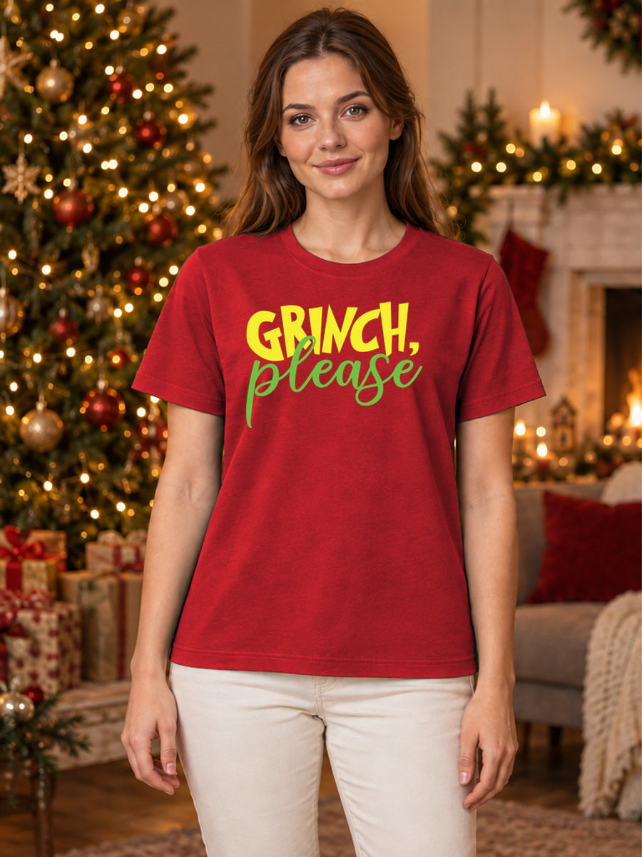 Tricou de Crăciun Grinch Please - Roșu - tricou unisex pe model feminin, decor de Crăciun (mockup V3)