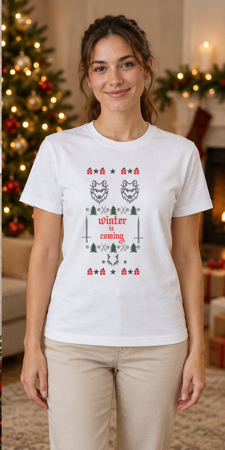Tricou de Crăciun Winter Is Coming - Alb - model feminin unisex, alb curat fără Heather (mockup)