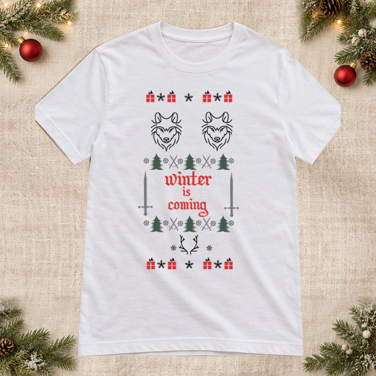 Tricou de Crăciun Winter Is Coming - Alb - imagine principală, alb curat fără Heather (mockup)