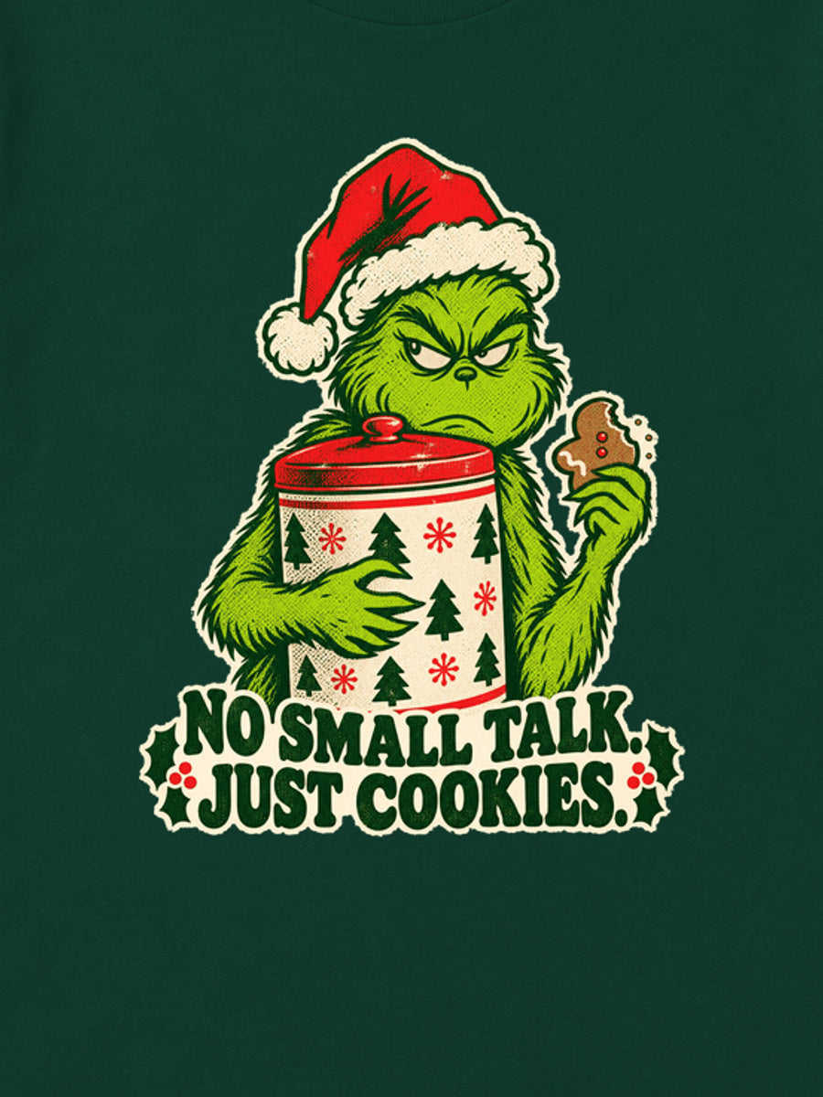 Tricou de Crăciun Grinch No Small Talk - Bottle Green - detaliu grafică (mockup)