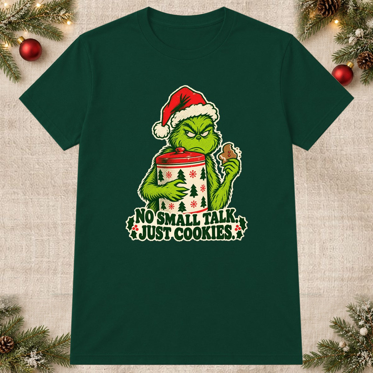Tricou de Crăciun Grinch No Small Talk - Bottle Green - imagine principală pătrată (mockup)