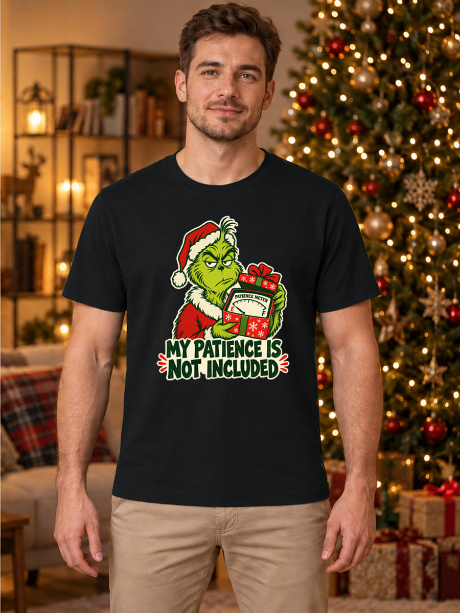 Tricou de Crăciun Grinch Wrapped Patience - Negru - tricou unisex pe model masculin (mockup)