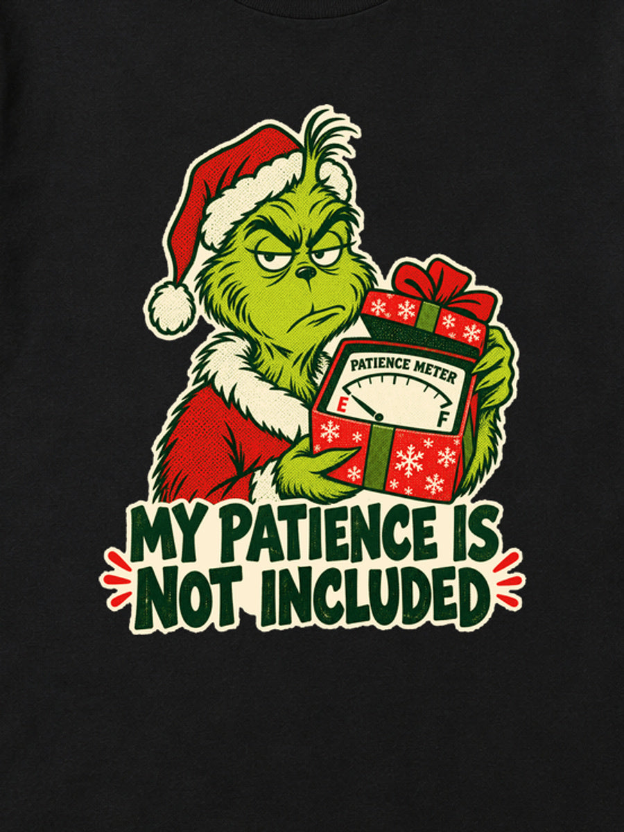 Tricou de Crăciun Grinch Wrapped Patience - Negru - detaliu grafică (mockup)