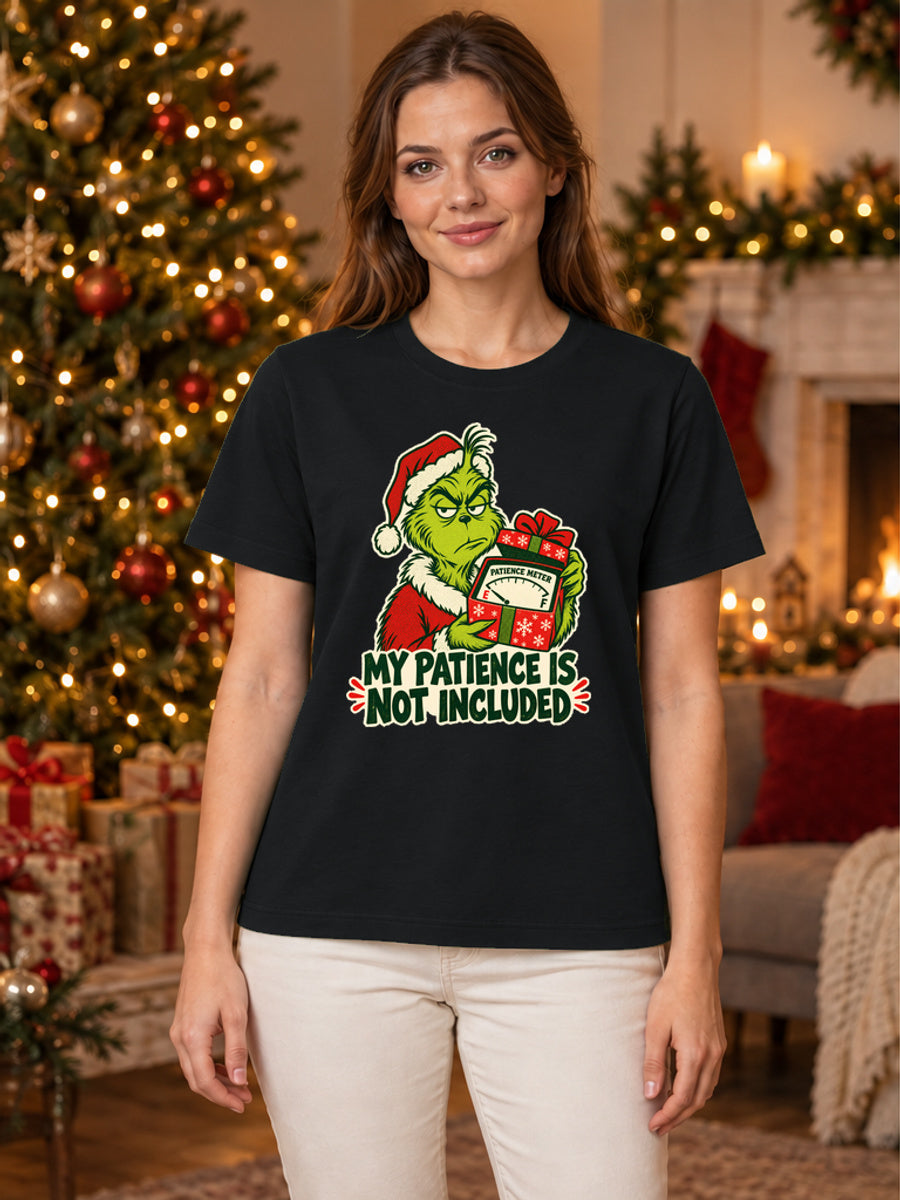 Tricou de Crăciun Grinch Wrapped Patience - Negru - tricou unisex pe model feminin (mockup)