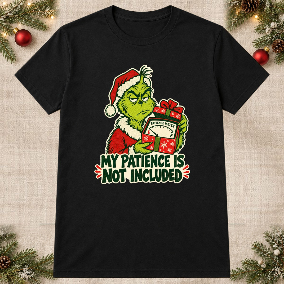 Tricou de Crăciun Grinch Wrapped Patience - Negru - imagine principală pătrată (mockup)