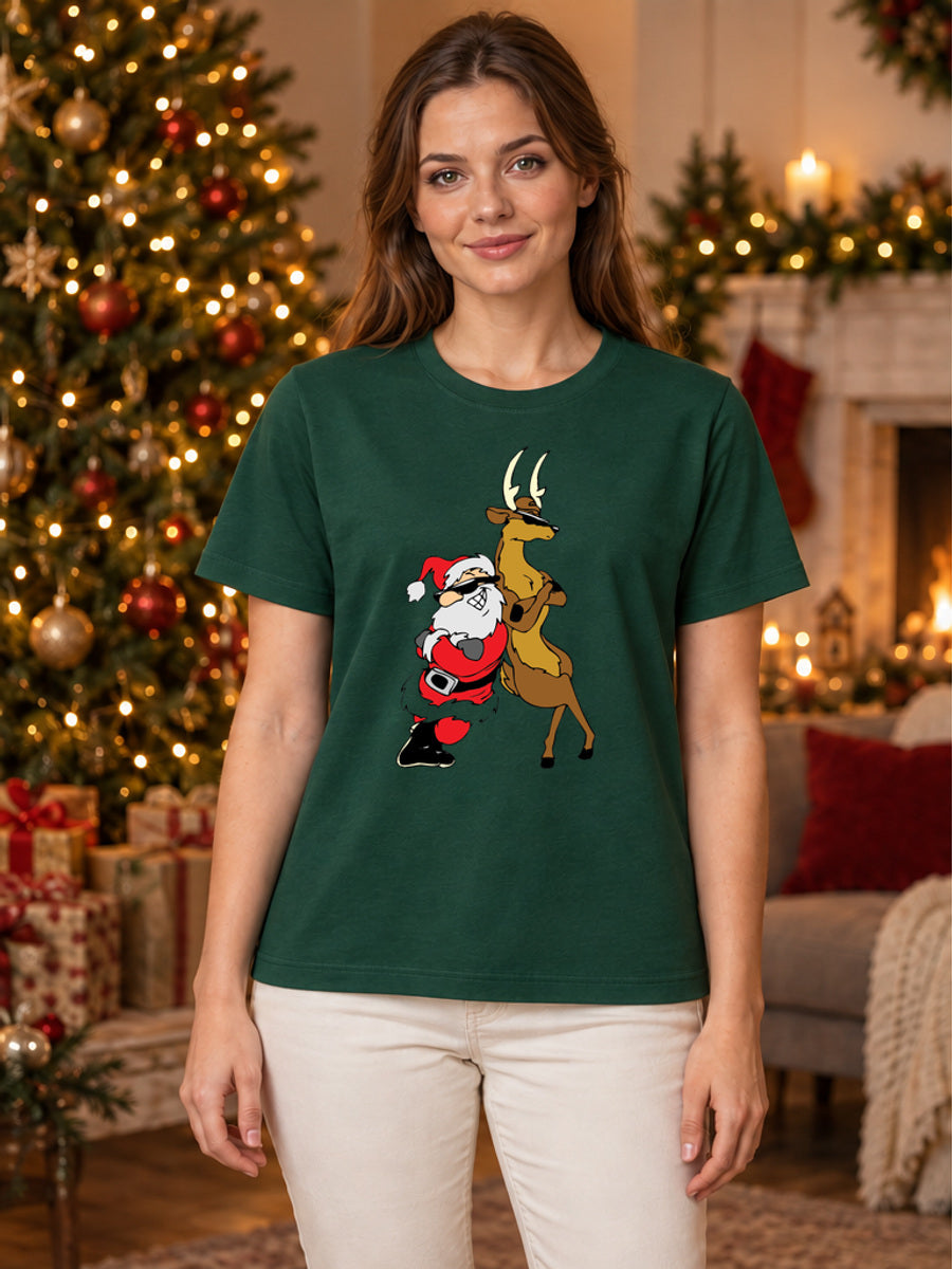 Tricou de Crăciun Cool Santa and Reindeer - Bottle Green - tricou unisex pe model feminin, decor de Crăciun (mockup V3)