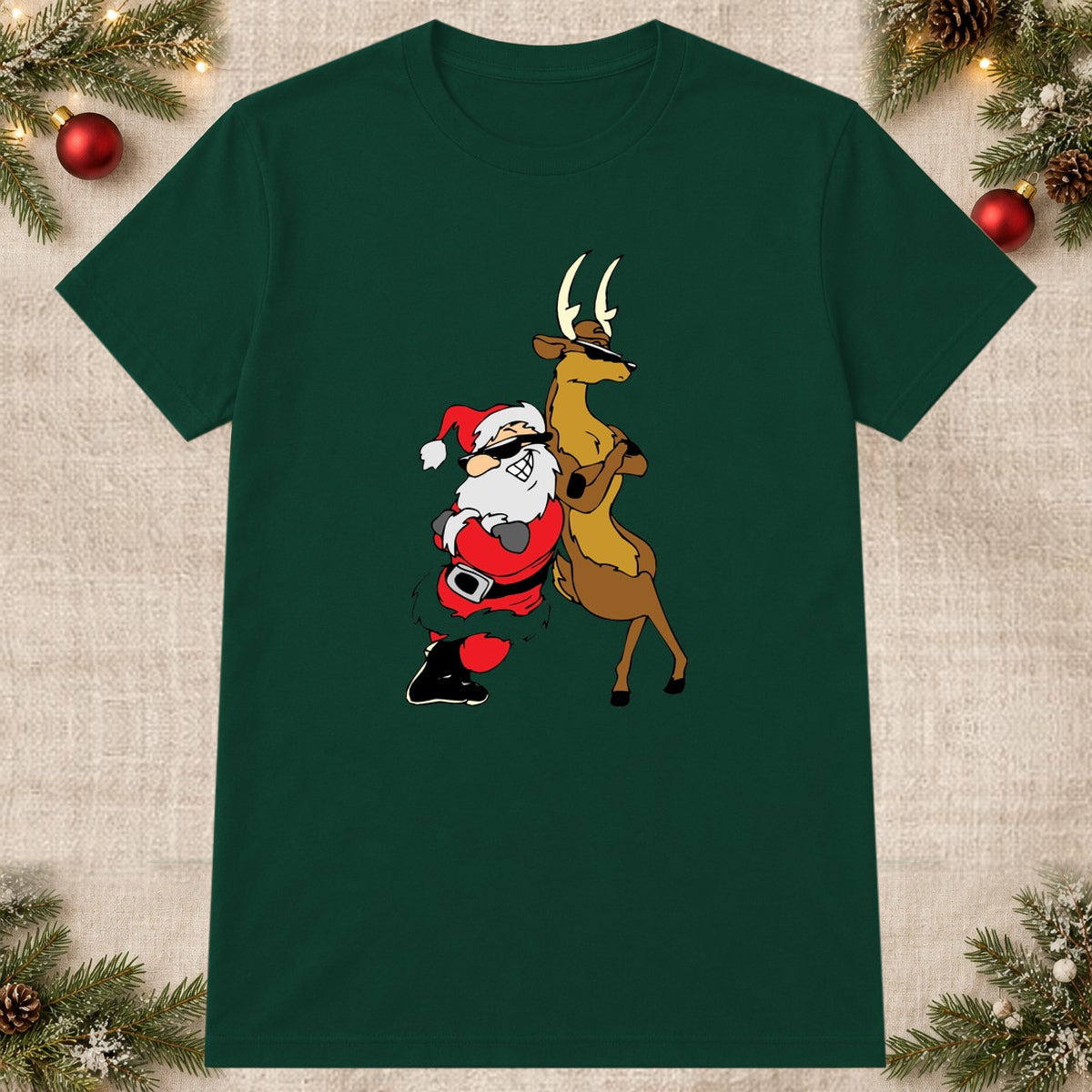 Tricou de Crăciun Cool Santa and Reindeer - Bottle Green - imagine principală pătrată