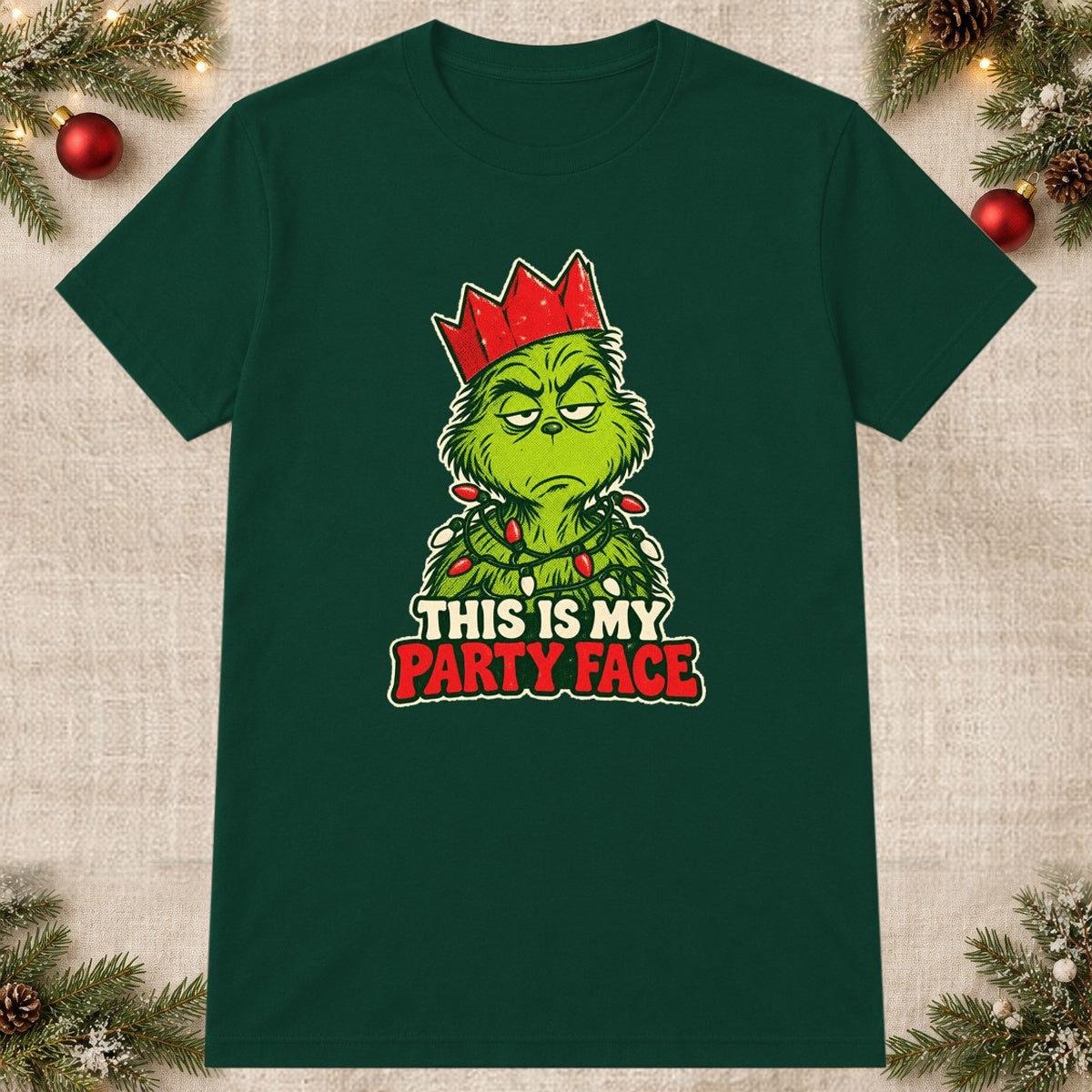 Tricou de Crăciun Grinch Office Party - Bottle Green - imagine principală pătrată (mockup)