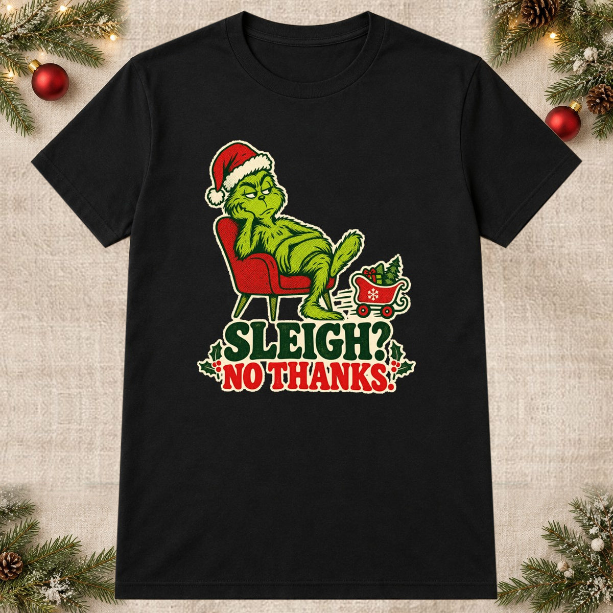 Tricou de Crăciun Grinch Sleigh No - Negru - imagine principală pătrată (mockup)