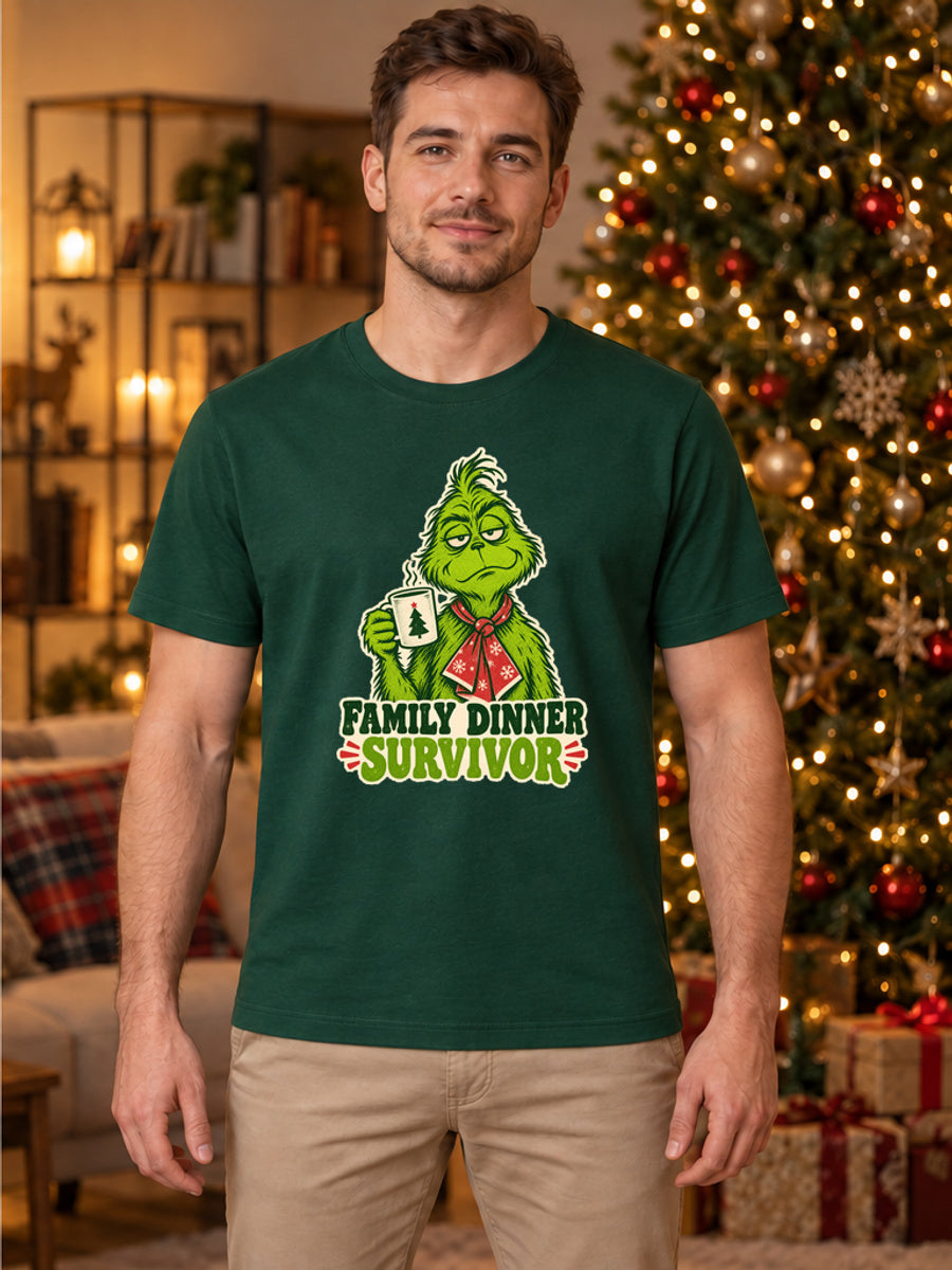 Tricou de Crăciun Grinch Festive Survivor - Bottle Green - tricou unisex pe model masculin (mockup)