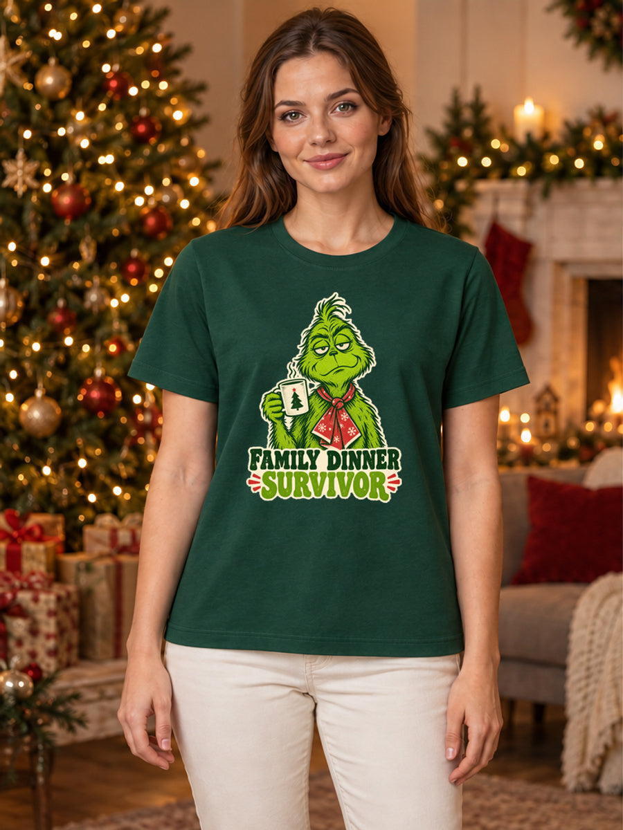 Tricou de Crăciun Grinch Festive Survivor - Bottle Green - tricou unisex pe model feminin (mockup)