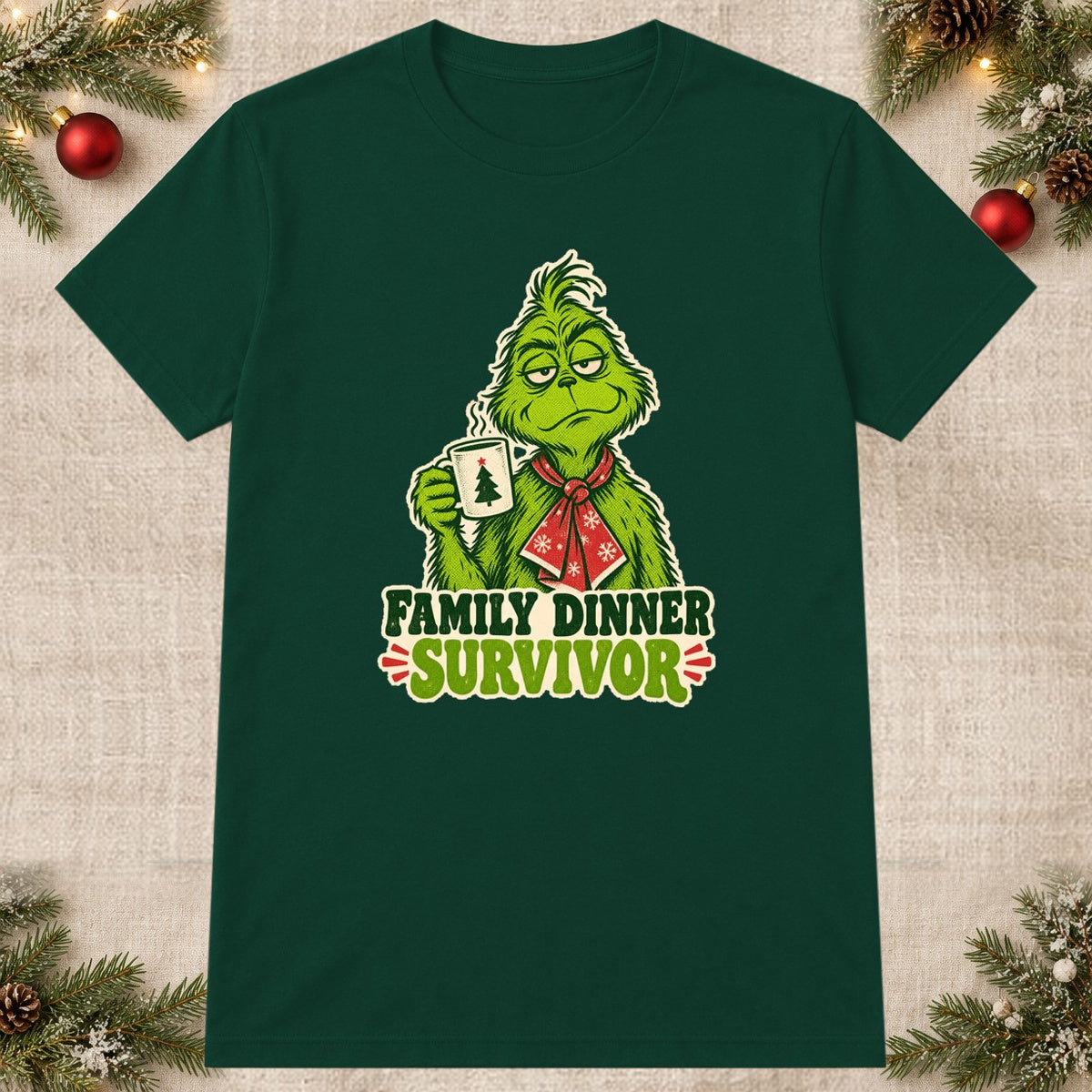 Tricou de Crăciun Grinch Festive Survivor - Bottle Green - imagine principală pătrată (mockup)