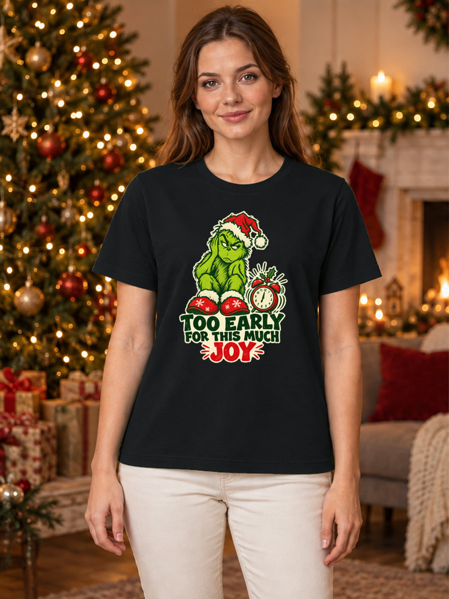 Tricou de Crăciun Grinch Too Early - Negru - tricou unisex pe model feminin (mockup)