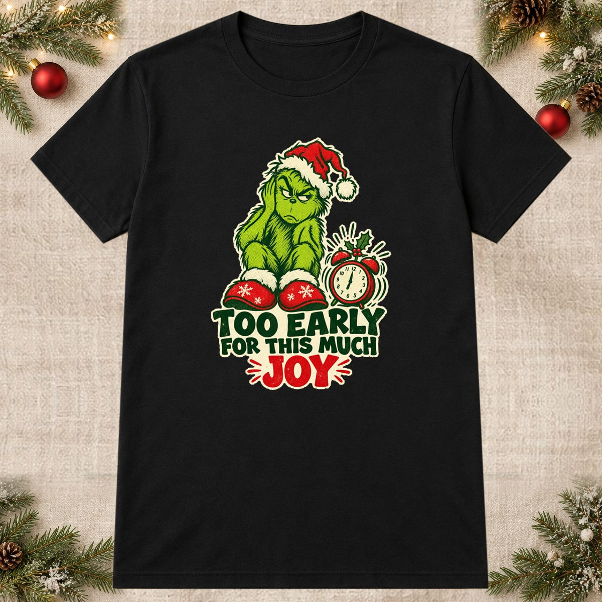 Tricou de Crăciun Grinch Too Early - Negru - imagine principală pătrată (mockup)