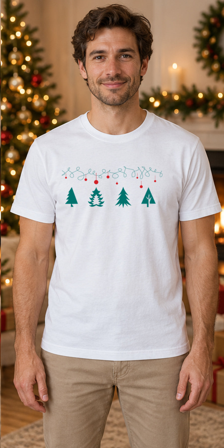 Tricou de Crăciun Ghirlandă cu Brazi - Alb - model masculin unisex, alb curat fără Heather (mockup)