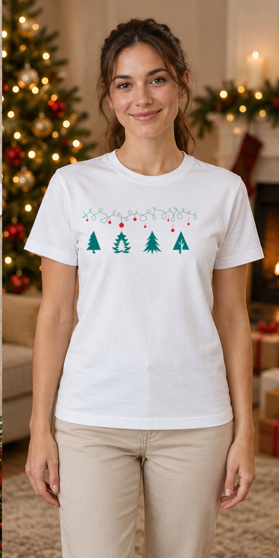 Tricou de Crăciun Ghirlandă cu Brazi - Alb - model feminin unisex, alb curat fără Heather (mockup)