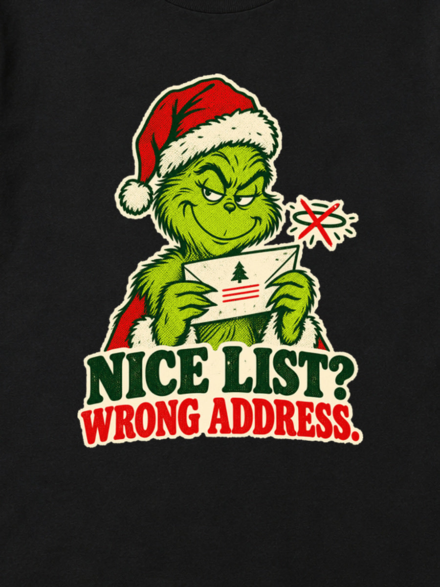 Tricou de Crăciun Grinch Nice List - Negru - detaliu grafică (mockup)