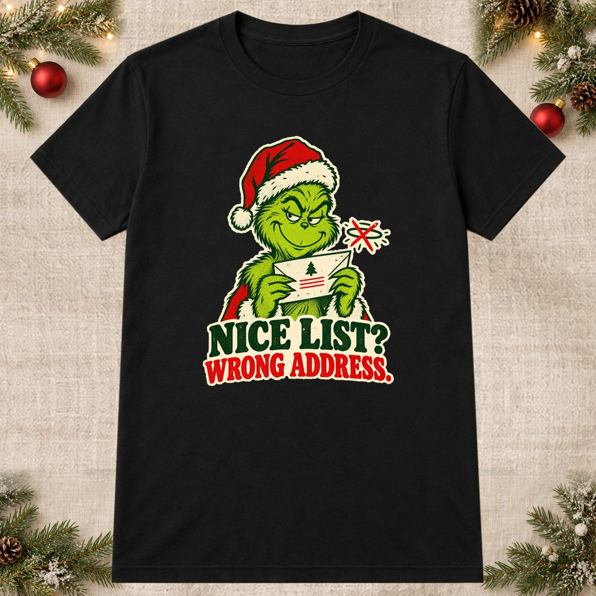 Tricou de Crăciun Grinch Nice List - Negru - imagine principală pătrată (mockup)