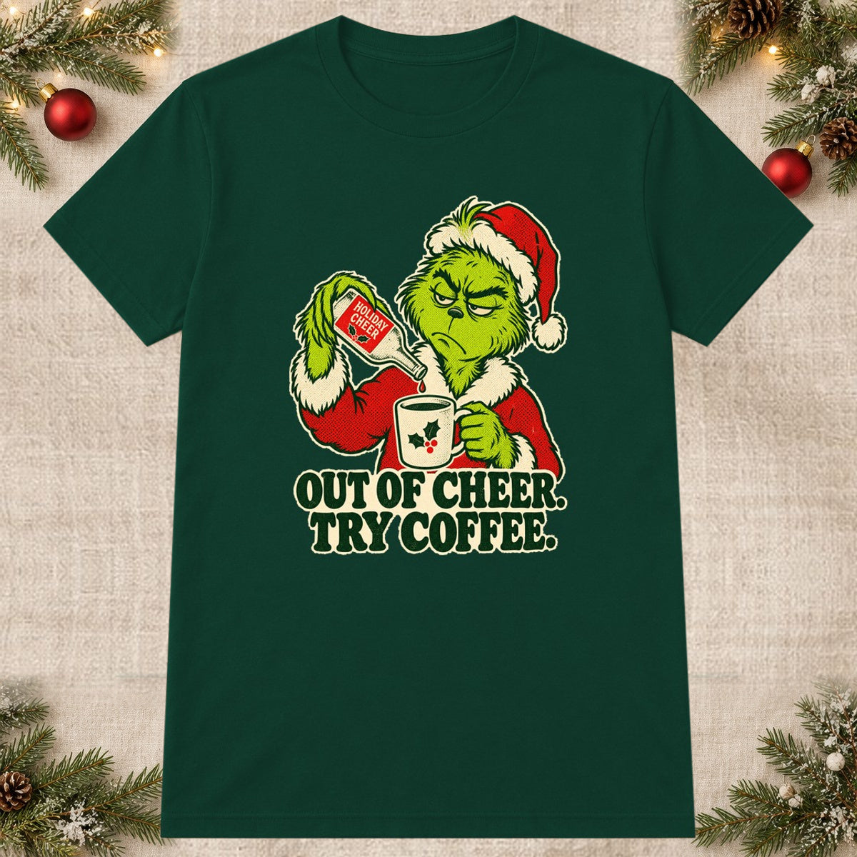 Tricou de Crăciun Grinch Out Of Cheer - Bottle Green - imagine principală pătrată (mockup)